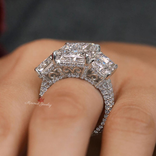 Wedding Anniversary 9.5ct Radiant Cut Moissanite Ring Large Three Stone Wide Band Statement Ring 14K White Gold Engagement Ring for women