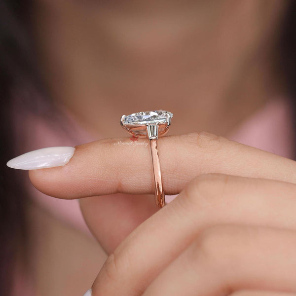 Lab Grown Diamond pear engagement ring set 14k Rose gold pear shape ring 3.2 TCW Three stone diamond wedding Ring hidden halo promise ring