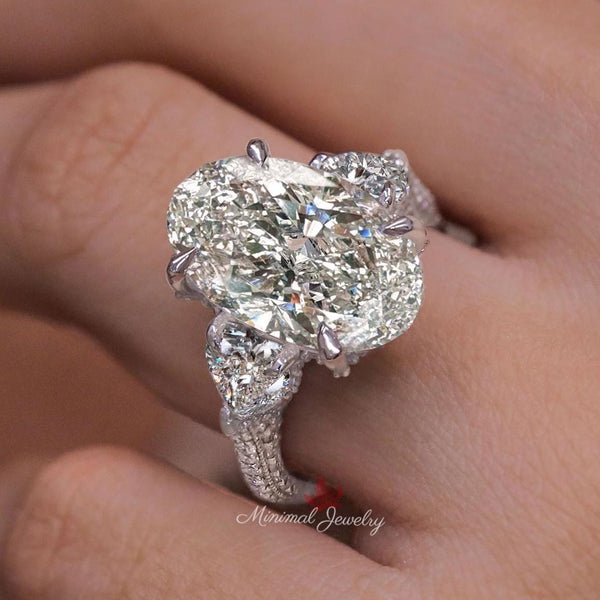 9 CT Three stone oval cut moissanite engagement ring,hidden halo,celebrity style,heart&large oval moissanite wedding ring anniversary gift