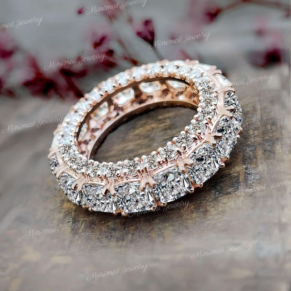 6.3 tcw cushion cut wedding band,full eternity band,14k rose gold moissanite wedding band,unique eternity ring,thick modern,stackable ring