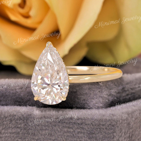 3 CT Pear moissanite engagement ring,hidden halo,14k yellow gold,pear shaped ring,solitaire moissanite ring,wedding ring for women