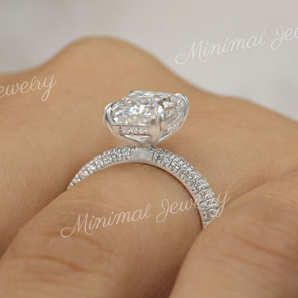 2.5CT Emerald cut moissanite engagement ring,hidden halo,unique emerald cut solitaire ring,3 row pave,claw prong,14k white gold,wedding ring