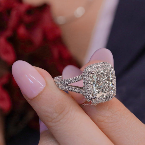 4CT Radiant cut Moissanite Engagement Ring Split Shank 14K Gold Crushed Ice Radiant Halo Wedding Ring Anniversary Ring for Women