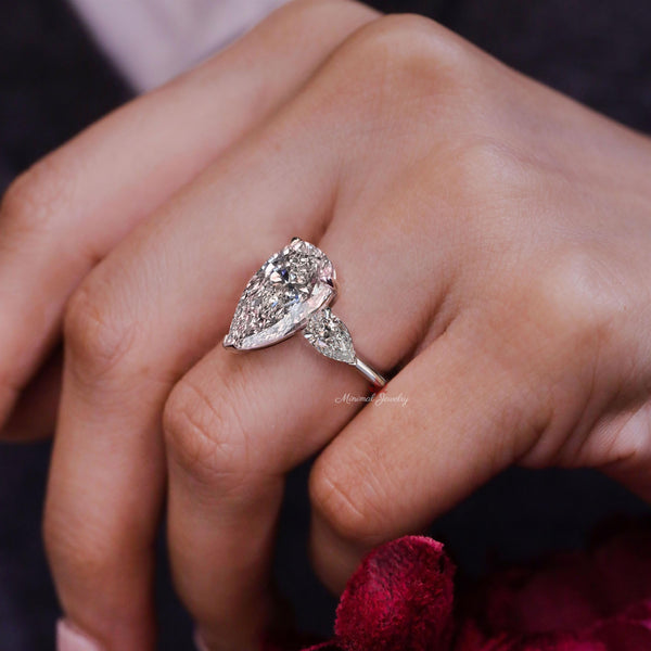 3CT pear lab grown diamond ring Three stone pear shaped engagement ring IGI certified large pear diamond anniversary wedding ring solid gold