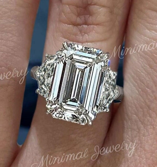 14k solid gold Emerald Cut Moissanite Engagement Ring 10.9 TCW Three Stone Emerald Cut Ring Large Diamond Cocktail anniversary wedding ring