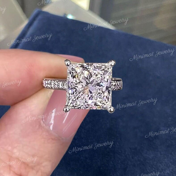 4 CT moissanite princess cut ring,hidden halo,princess cut solitaire engagement ring,low profile,square cut diamond alternative wedding ring