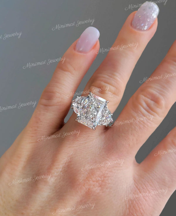 Radiant cut moissanite engagement ring 7 CT Three stone half moon&large crushed ice moissanite radiant cut engagement ring wedding ring