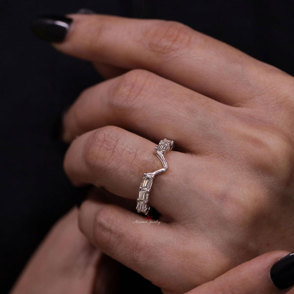 open gap wedding band moissanite eternity band east west emerald cut moissanite wedding band dainty wedding band open stacking ring 14k gold