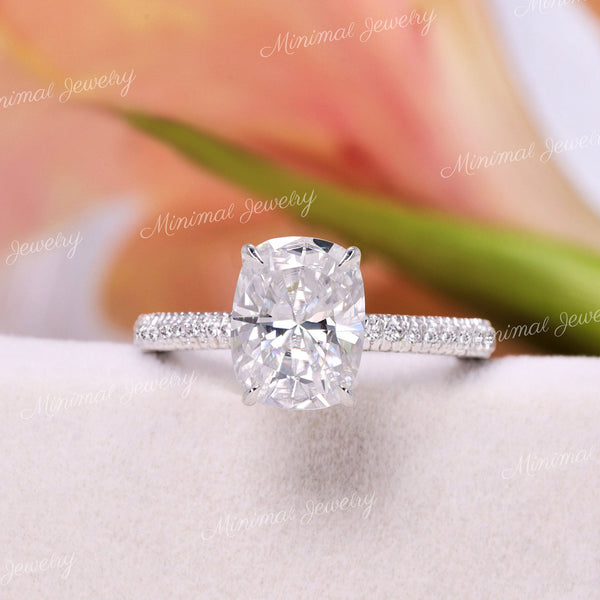 2.5 CT cushion cut engagement ring,Moissanite hidden halo ring,elongated cushion moissanite ring,three row pave,14k white gold,wedding ring