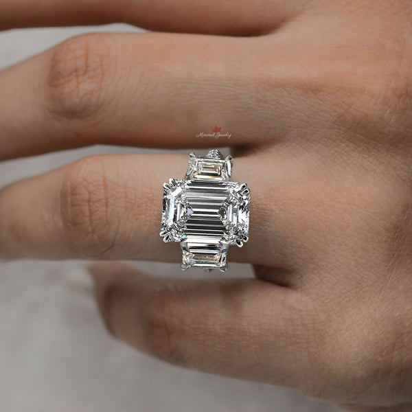 8CT emerald cut moissanite ring 3 stone emerald cut engagement ring unique large Three stone Ring hidden halo 3 row wedding anniversary ring