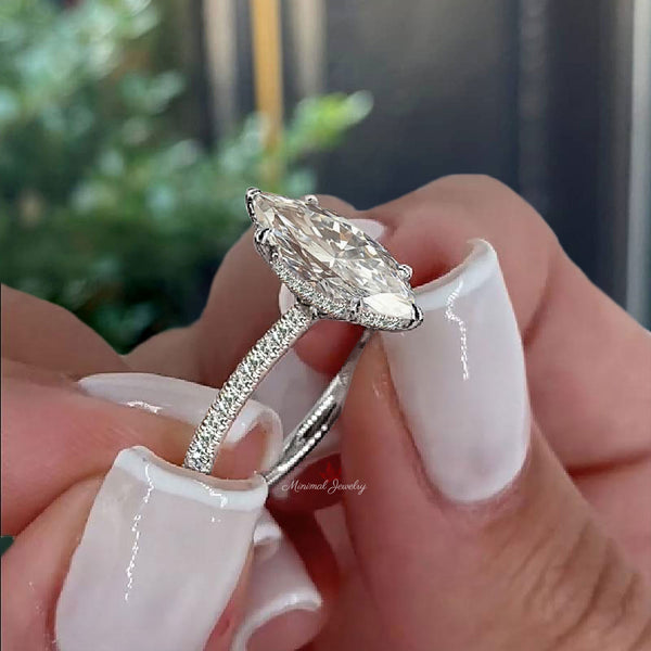 2 CT Marquise moissanite engagement ring,unique solitaire hidden halo ring,art deco,14k/18k white gold,wedding ring,anniversary•promise ring