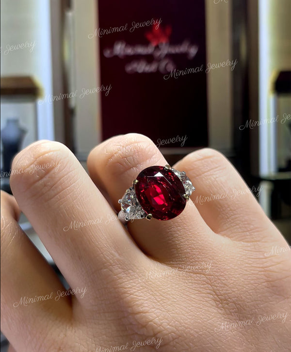 5 CT ruby engagement ring 14k oval ruby ring shield moissanite&red Ruby Three stone ring mothers ring 3 stone wedding ring aniversary ring