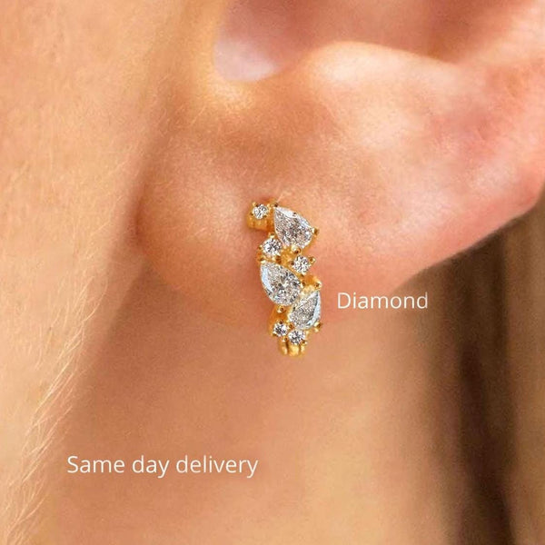 diamond huggie earrings,diamond hoop earrings,solid gold hoops,mini,small hoops,Diamond earrings•tiny hoop earrings•14k solid gold earrings