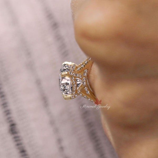 5.5CT Oval moissanite engagement ring crushed ice moissanite Hidden halo split shank ring unique cathedral ring set oval cut wedding ring