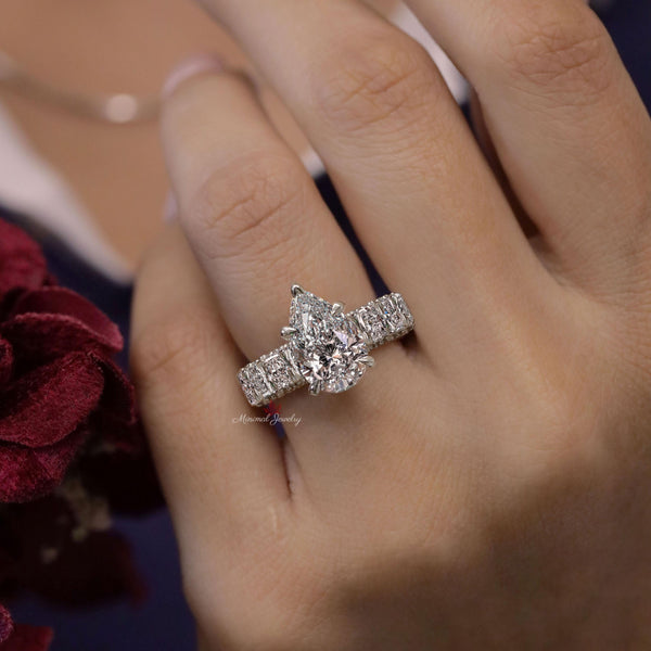 Lab Grown Diamond Ring 2.51 CT Pear Shaped Engagement Ring Hidden Halo wide band Solitaire Certified Diamond pear cut Wedding Ring for women