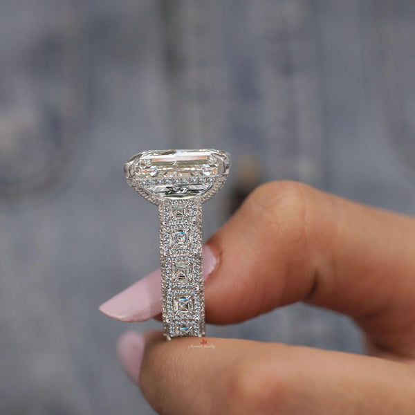 Emerald cut Moissanite engagement ring 8 CT large moissanite ring solitaire wide band Hidden halo iced out diamond cocktail wedding ring