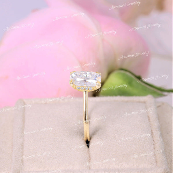 2.5 CT cushion cut moissanite engagement ring,hidden halo elongated cushion,solitaire Cathedral ring,double claw prong,14k gold,wedding ring