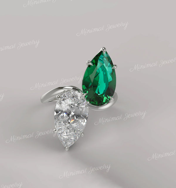 9TCW Toi et moi ring,pear shaped engagement ring,two stone pear moissanite&lab Emerald ring,unique double stone celebrity style wedding ring