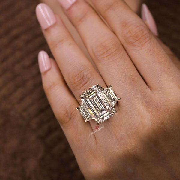 Three stone emerald cut engagement ring 9 CT large emerald cut moissanite ring statement wedding ring women diamond anniversary ring gift