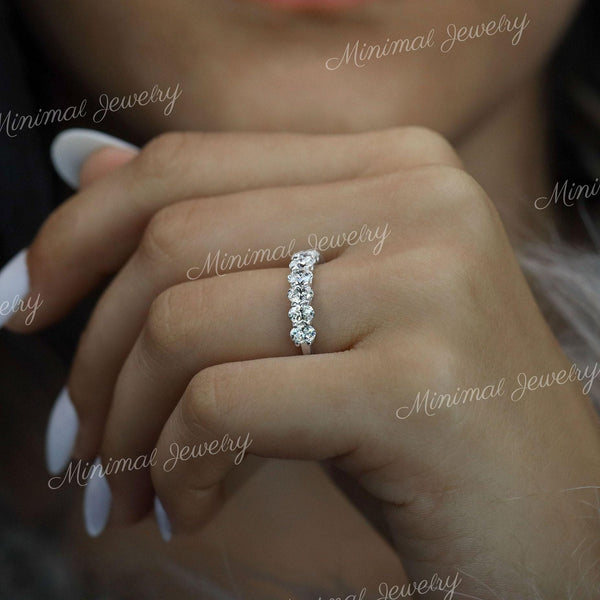 Oval Moissanite Wedding Band 7 Stone Half Eternity Ring Modern 3mm 14k White Gold Anniversary Band Dainty Stacking Ring Women