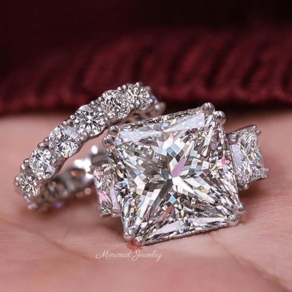 9.5CT Princess Cut Moissanite Bridal Set Three Stone Engagement Ring with Wedding Band Anniversary Wedding Ring Set 14k white gold