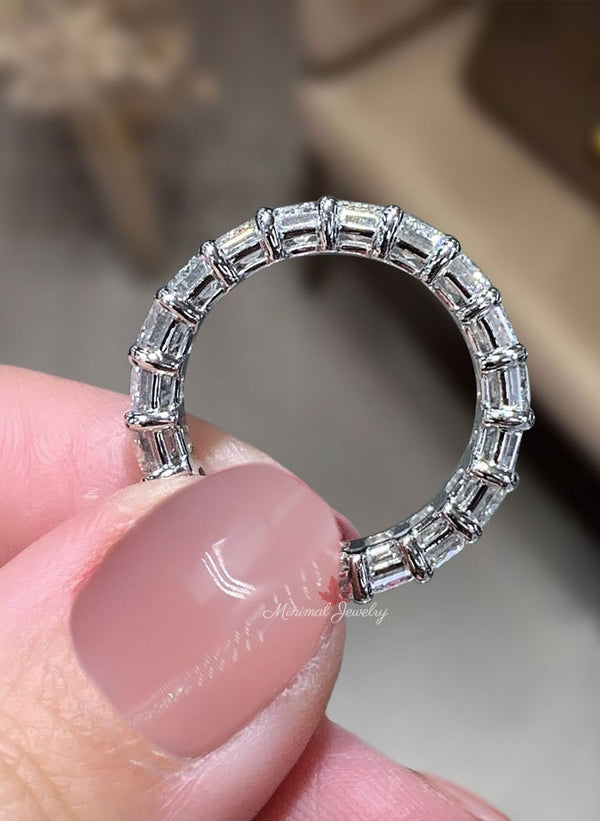 Emerald cut moissanite wedding band,full eternity band,eternity ring solid gold,modern thick,unique 5mm wedding band,Matching Stacking ring