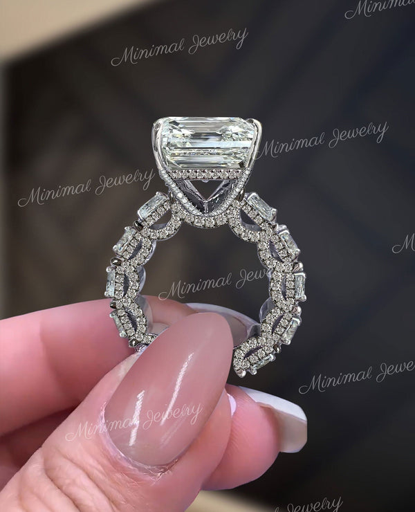 Emerald cut Moissanite engagement ring 8 CT large moissanite ring solitaire wide band Hidden halo iced out diamond cocktail wedding ring