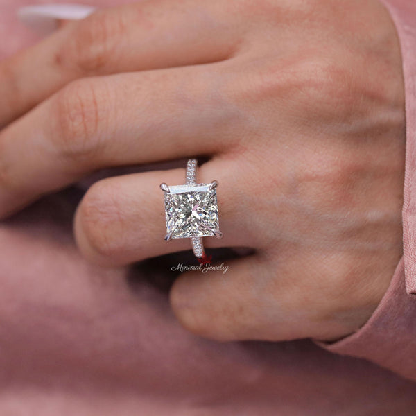 6CT Princess moissanite Engagement Ring Hidden Halo channel set Solitaire Wedding Ring for women anniversary ring 14k white gold