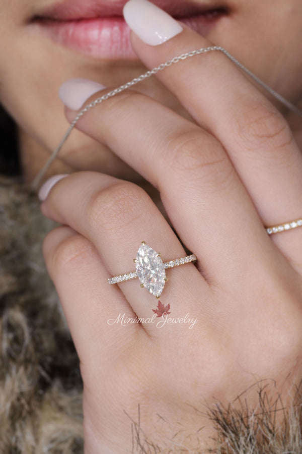2.6 CT marquise engagement ring,moissanite marquise,solitaire ring,unique,diamond hidden halo ring,marquise cut•18k/14k•wedding ring•women