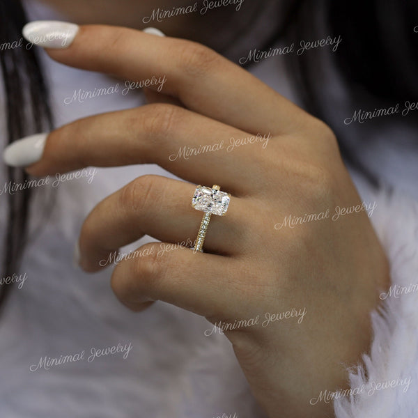 3 CT Radiant moissanite engagement ring,hidden halo,unique three row pave,thick band,solitaire moissanite radiant cut ring wedding ring