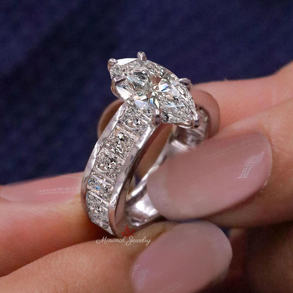 2CT Marquise Moissanite Engagement Ring channel set Solitaire eternity wide band Wedding Ring White Gold Bridal Ring Anniversary Gift ring
