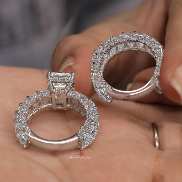 Emerald cut moissanite engagement ring set unique 5 carat moissanite hidden halo eternity band solitaire ring anniversary wedding ring set