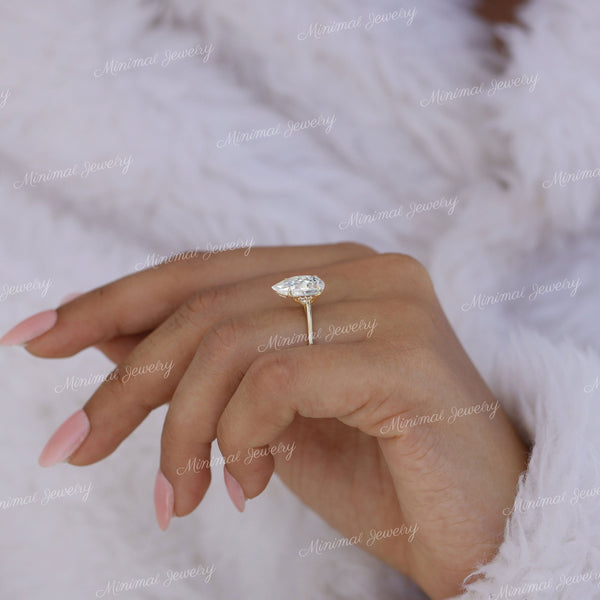 3 CT pear moissanite engagement ring,hidden halo,solitaire cathedral ring,unique pear shaped moissanite ring,wedding ring,women,14k gold