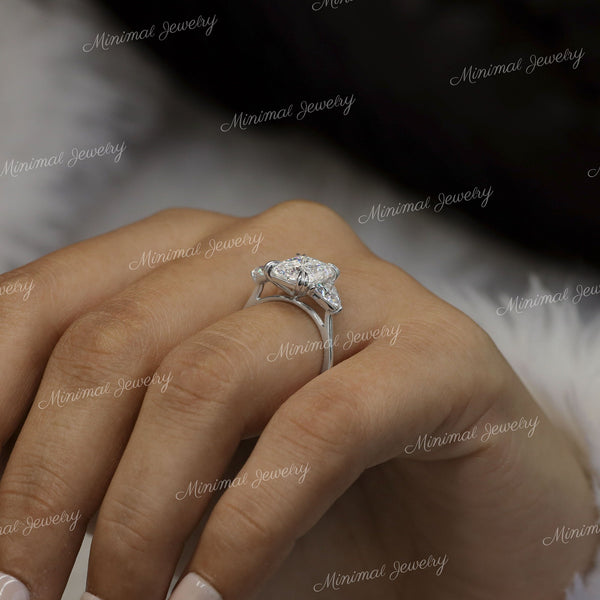 3 CT Radiant Cut Moissanite Ring,Three Stone Engagement Ring,Side trillion,Claw Prongs,unique trilogy ring,bridal Wedding Ring,white gold