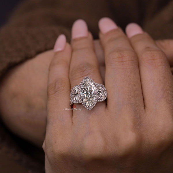 4 CT Three stone moissanite marquise halo engagement ring,half moon&large marquise cut wedding ring,celebrity style Three stone halo ring