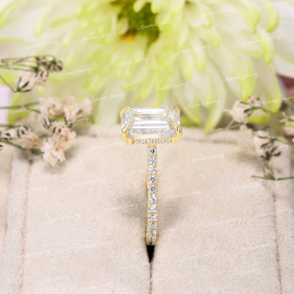 2.5CT Emerald Cut Moissanite Engagement Ring: 14k Yellow Gold Hidden Halo
