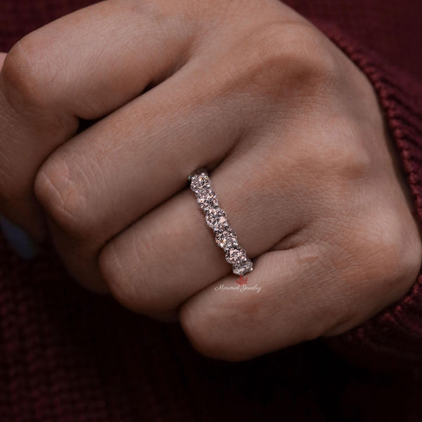 Half eternity wedding band 7 stone moissanite wedding band 14k gold 2.5mm dainty wedding band women stackable ring 7th anniversary gift band