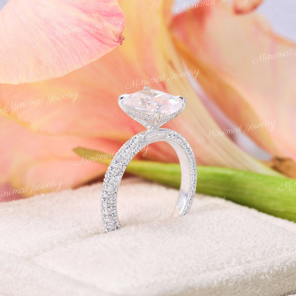 2.5 CT cushion cut engagement ring,Moissanite hidden halo ring,elongated cushion moissanite ring,three row pave,14k white gold,wedding ring