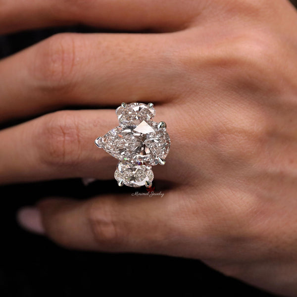 Pear Lab Grown Diamond Engagement Ring Three stone Wedding ring 4CT pear shaped CVD lab created diamond Teardrop annivesary ring 14k gold