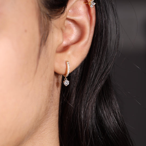 Diamond huggie hoop earrings with charm 14k solid gold huggie small hoop earrings diamond drop dangle diamond earrings charm hoop earrings