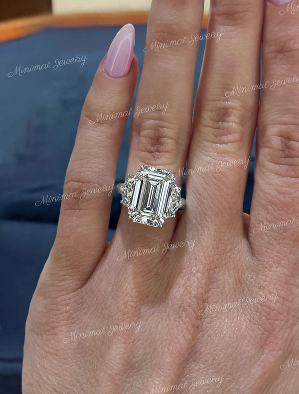 14k solid gold Emerald Cut Moissanite Engagement Ring 10.9 TCW Three Stone Emerald Cut Ring Large Diamond Cocktail anniversary wedding ring
