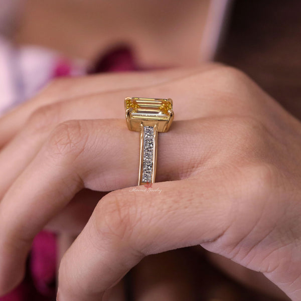 Emerald Cut Yellow Lab Grown Diamond Ring Bezel Set Engagement 5CT IGI Certified diamond Wedding Channel Set Wide Band Anniversary Ring