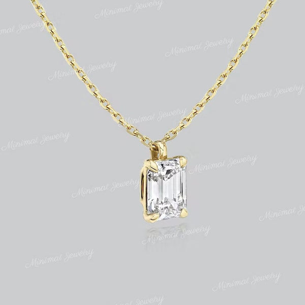 Emerlad cut moissanite pendant necklace,18k/14k solid gold chain necklace,solitaire moissanite necklace,minimalist rose gold necklace