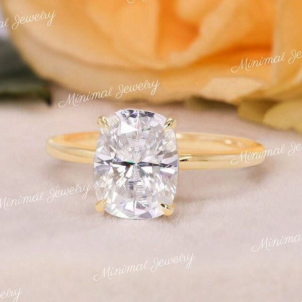 2.5 CT Cushion Cut Moissanite Engagement Ring Elongated Cushion Solitaire Ring Simple Wedding Anniversary Ring for Women 14k yellow gold
