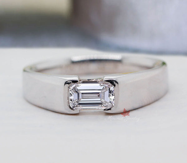 emerald cut Moissanite ring for men,unique 14k/18k white gold diamond mens ring,gift for him,gift for husband,anniversary,mens promise ring