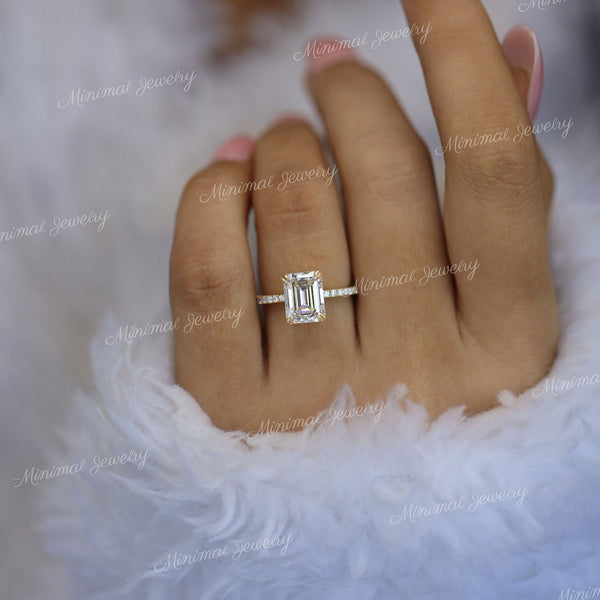 2.5 CT Emerald cut engagement ring,hidden halo,Moissanite Emerald solitaire ring,1.5mm thin band,modern aniversary ring,wedding ring,women