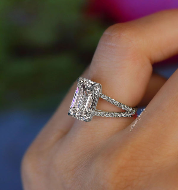 4.5 Carat Emerald cut moissanite engagement ring split shank solitaire ring unique emerald cut moissanite ring wedding ring anniversary ring