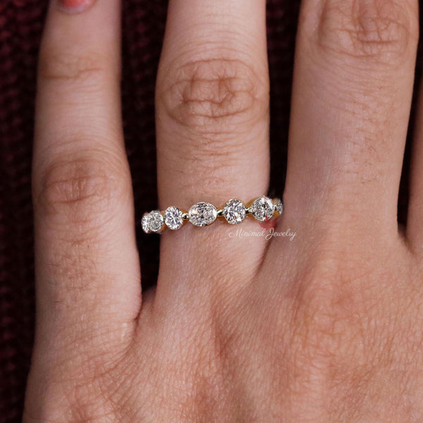 Lab Grown Diamond Wedding Band – East West Bezel Set Oval Eternity Ring, Stackable Floating Bubble Band, Anniversary Ring for Women