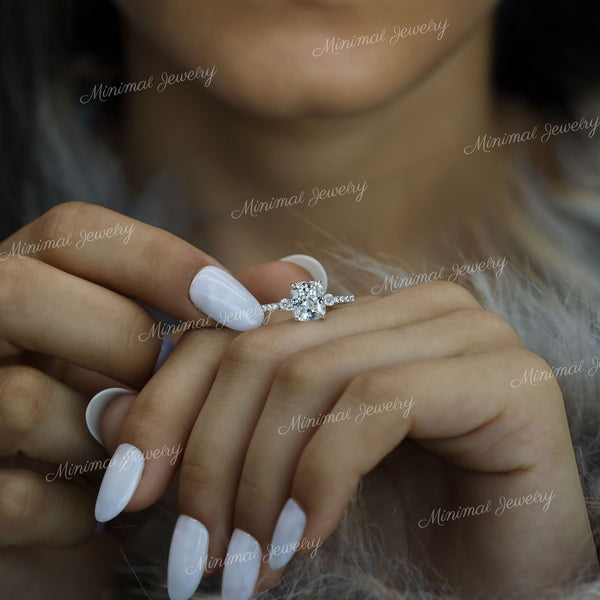 2.5CT Three stone cushion cut moissanite engagement ring,hidden halo,elongated cushion Moissanite cluster ring,white gold meghan markle ring