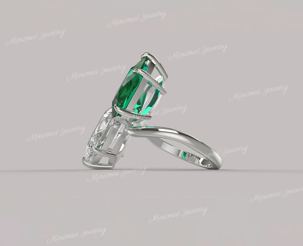 9TCW Toi et moi ring,pear shaped engagement ring,two stone pear moissanite&lab Emerald ring,unique double stone celebrity style wedding ring